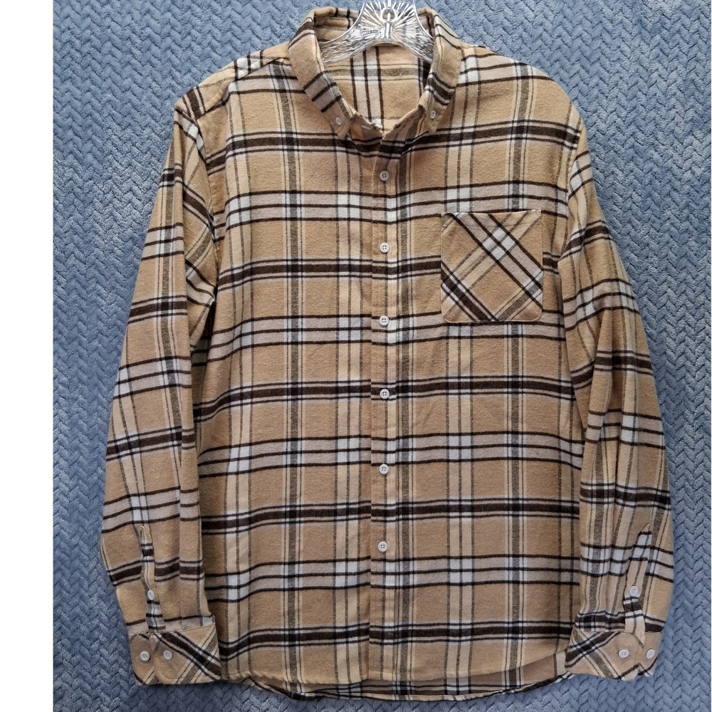 COOFANDY Women's Plaid Flannel Button Down Shirt Tan Brown White Size L